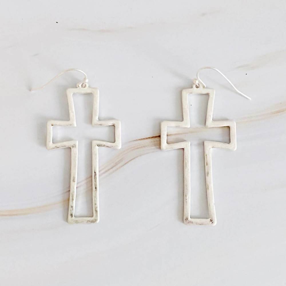 NEW ELLISON+YOUNG women's hammered matte hollow cross dangle earrings in silver